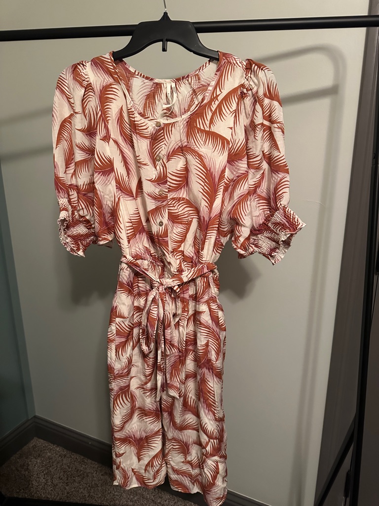 Anthropologie Cream And Rust Palm-Print Midi Dress